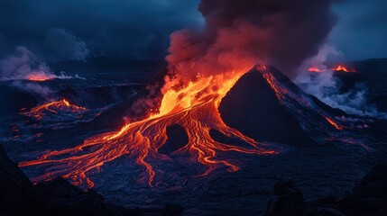 Eruption of a Volcano at Night with Molten Lava Flowing Down the Sides