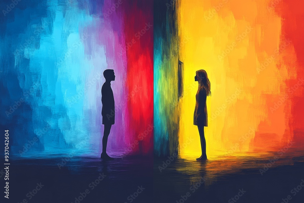 Poster two abstract figures stand before a vibrant multicolored background symbolizing the connection and c