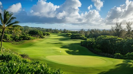 Fototapeta premium A panoramic view of a golf course with lush fairways and pristine greens