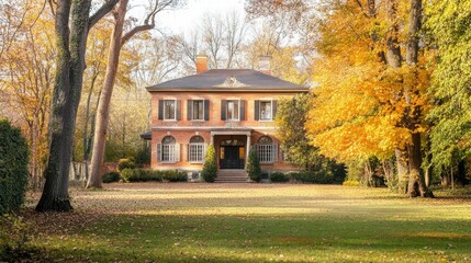 A charming mansion with a large front yard, surrounded by mature trees, perfect for real estate promotion.