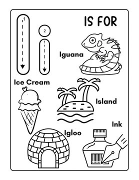 A coloring page with the text "I" in bold letters at the top of the picture, and each letter is shown next to an illustration for that word