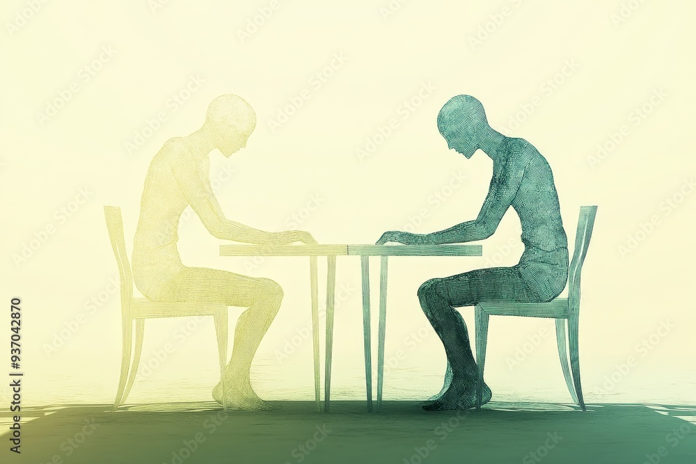 Poster two human figures sit across from each other depicted in a greenish abstract style representing intr