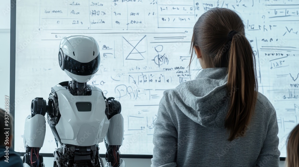 Aufkleber woman and robot in a tech lab, futuristic ai learning and development concept.