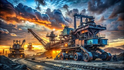rustic mechanized power machinery dusk blue tone rugged metallic contrasts massive iron beasts mighty industrial landscape evening golden light