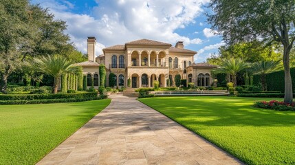 Fototapeta premium A grand mansion with manicured lawns and elegant architecture, perfect for luxury living.