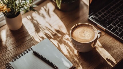 A warm cup of coffee next to a notebook and pen on a minimalist desk, representing a thoughtful coffee break