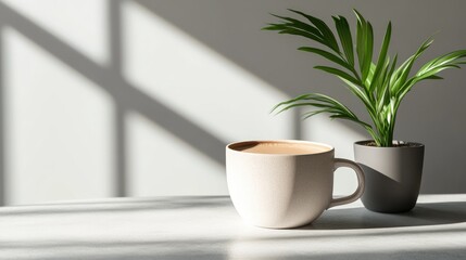 A warm cup of coffee next to a potted plant on a minimalist desk, representing a peaceful coffee break