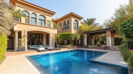 A luxurious mansion with a private pool and garden, perfect for showcasing a life of leisure and luxury.