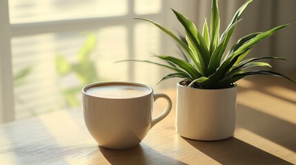 A warm cup of coffee next to a potted plant on a minimalist desk, representing a peaceful coffee break.