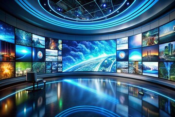 Futuristic curved OLED screen displaying stunning 4K video footage surrounded by advanced film equipment in high-tech studio