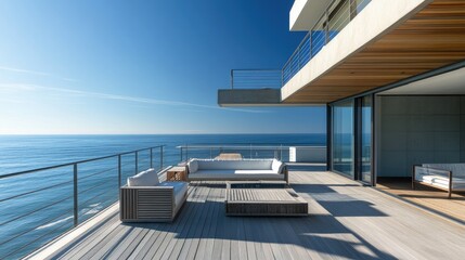 A modern beach house with a spacious deck and ocean views, offering a serene setting with ample copy space.