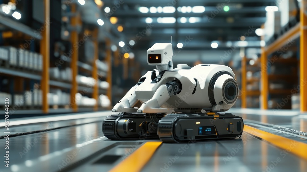 Poster autonomous robotic system navigating a factory floor, performing tasks without human intervention