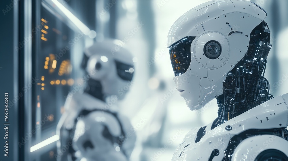 Poster autonomous robots performing complex tasks in a high-tech factory, showcasing the future of manufact