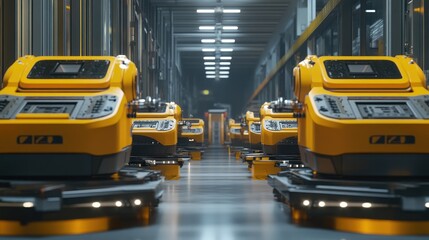 Autonomous robots performing synchronized tasks in an advanced manufacturing facility, highlighting coordination.