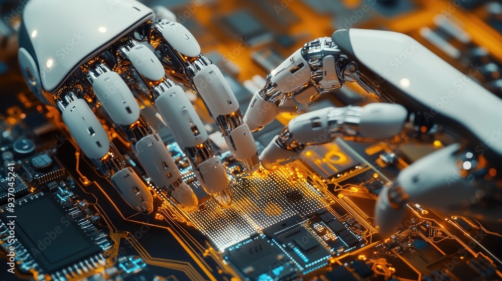 Poster close-up of robotic fingers handling microelectronics, showcasing the delicate nature of modern robo