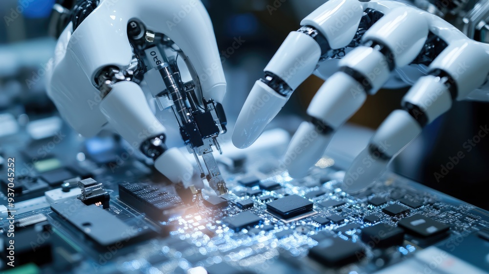 Poster close-up of robotic fingers delicately assembling microelectronics, illustrating fine motor control 