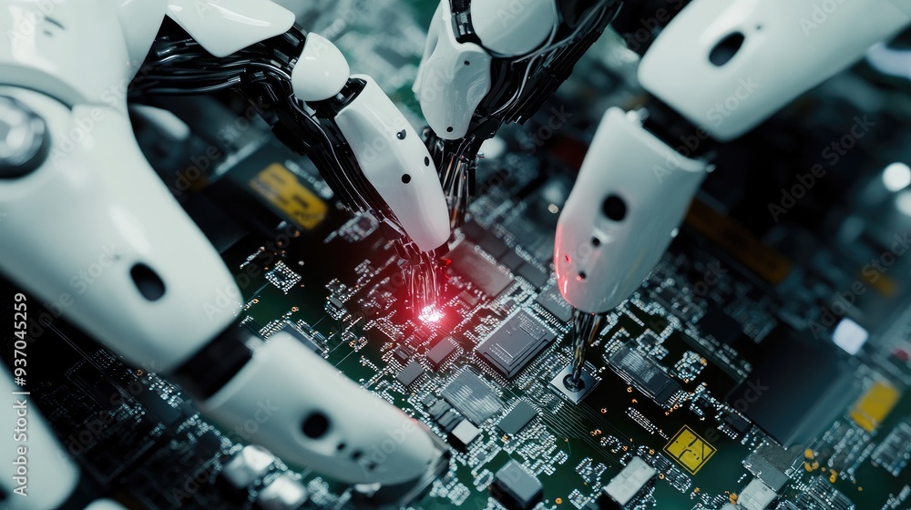 Poster close-up of robotic fingers handling microelectronics, showcasing the delicate nature of modern robo