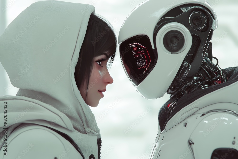 Poster a woman and a robot face each other closely symbolizing the convergence of humanity and artificial i