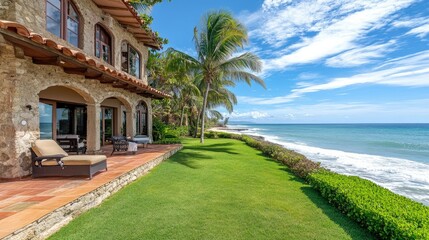 Obraz premium Beautiful beachfront property with a private garden and ocean view, offering an inviting setting with copy space.
