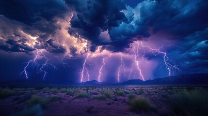Dramatic Lightning Storm Over Desert Landscape With Mountains in the Background.