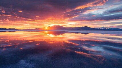Fototapeta premium Breathtaking Sunset Over Mountain Range Reflected in Still Water.