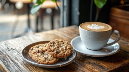 Coffee break with a latte and a plate of cookies on a wooden table