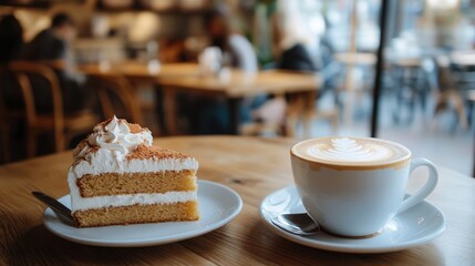 Coffee break with a latte and a slice of cake on a wooden table, set against a cozy cafe backdrop.