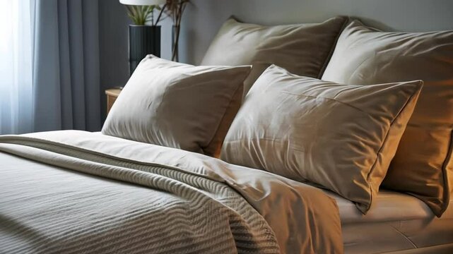 Tranquil video of a neatly made bed with soft, plush pillows, a cozy blanket, and a bedside table featuring a warm, glowing lamp and a stack of books