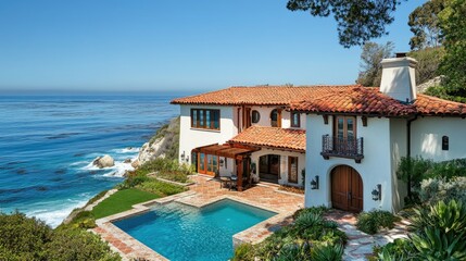 Charming European beach home with a red-tiled roof and ocean views, perfect for coastal living promotions.