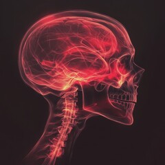 Abstract Skull with Glowing Lines, Red and Orange, Human Anatomy, Medical, Healthcare, Digital Art