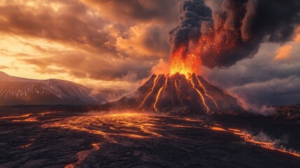 Erupting Volcano with Lava Flow and Dramatic Sky