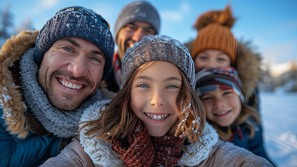 Happy smiling family ice skating, blue sky with some clouds, ethnic, deep sky blue, winter, beautifully color graded,