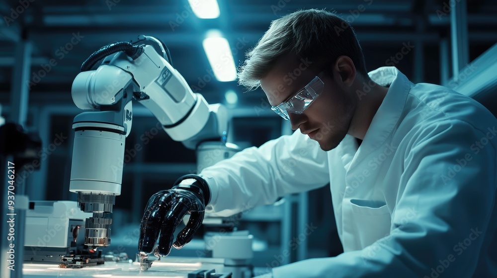 Aufkleber engineer calibrating a robotic arm, ensuring precision in its movements and tasks.