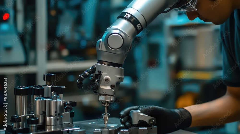 Poster engineer calibrating a robotic arm, ensuring precision in its movements and tasks.