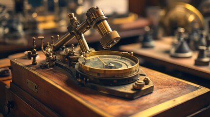 Antique Brass Nautical Instrument on Wooden Base