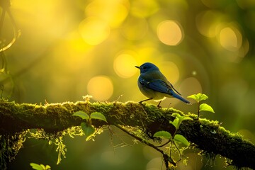 Obraz premium Small red-breasted robin perched on a branch, enjoying winter sunshine in a garden