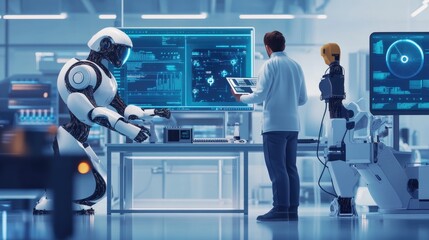 Engineers programming and testing a robotic system in a lab, surrounded by technical equipment and monitors.