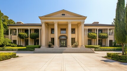 Elegant mansion with large pillars and a wide entrance, providing a stately backdrop with ample copy space.