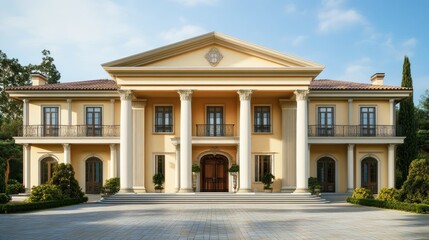 Elegant mansion with large pillars and a wide entrance, providing a stately backdrop with ample copy space.