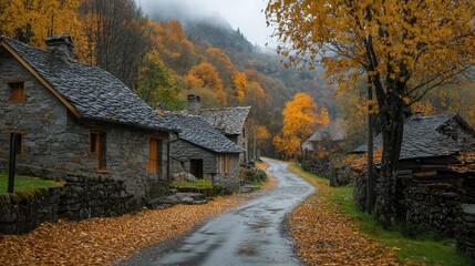 Obraz premium Gloomy autumn day in a rural village, with stone houses and trees shedding their golden leaves.