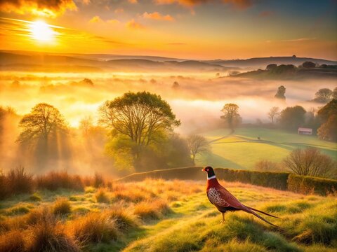 Misty golden hour rural landscape pheasant shoot serenity