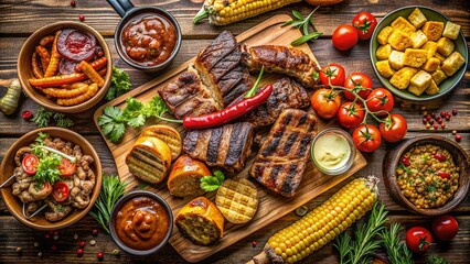 Fototapeta premium Delicious BBQ feast with juicy meats and flavorful sides, ideal for summer gatherings