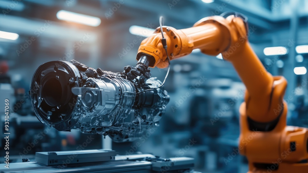 Poster high-tech robotic arm assembling a car engine in an automated factory, showcasing precision in manuf