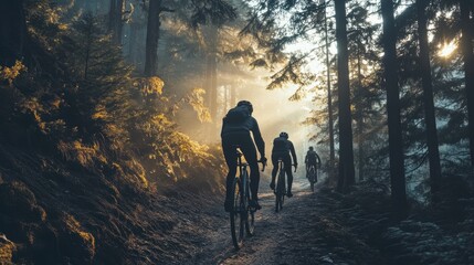 Three Cyclists Ride Through a Foggy Forest at Sunrise