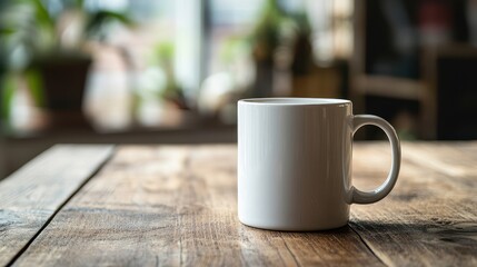 Obraz premium White Mug on Rustic Wooden Table with Blurred Background for Mockup and Design