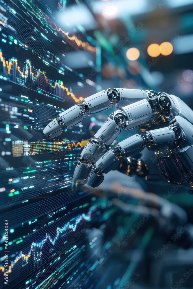 Poster robotic hand interacting with data and charts on a screen