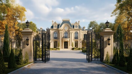 Naklejka premium Stunning mansion with a large driveway and ornate gates, ideal for real estate or luxury lifestyle visuals.
