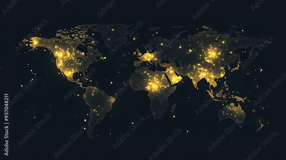 Poster a glittering world map made of golden dots