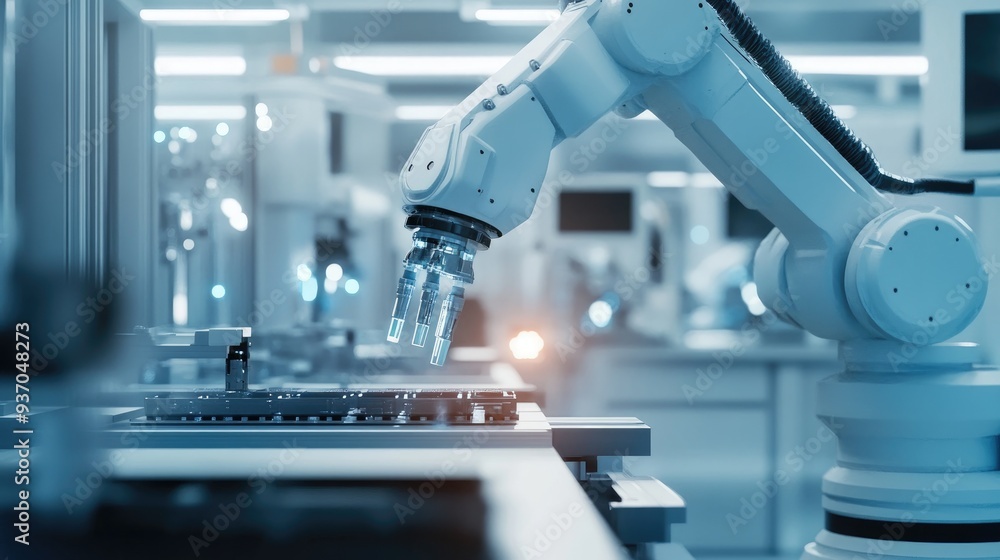 Poster robotic arm performing complex assembly tasks in a cleanroom, with focus on accuracy and speed.