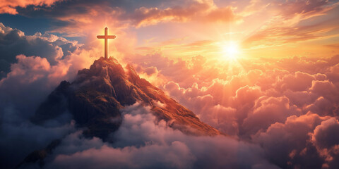 Rising sun illuminating Christian cross standing at summit mountain